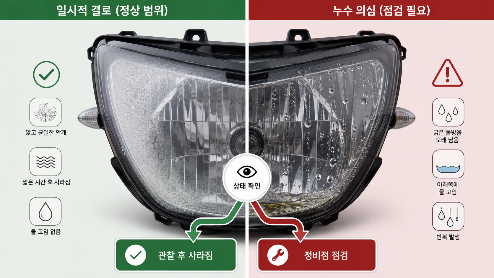 정상 결로와 누수 의심 상태 비교