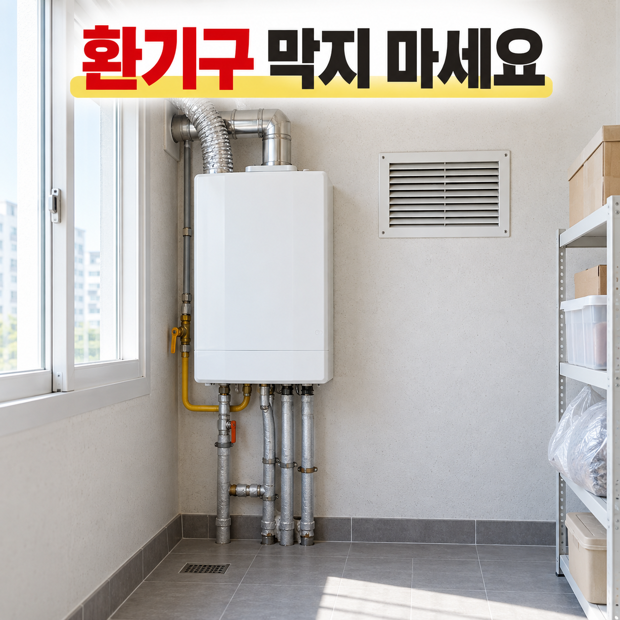 보일러실 환기구를 막지 않고 비워 둔 모습
