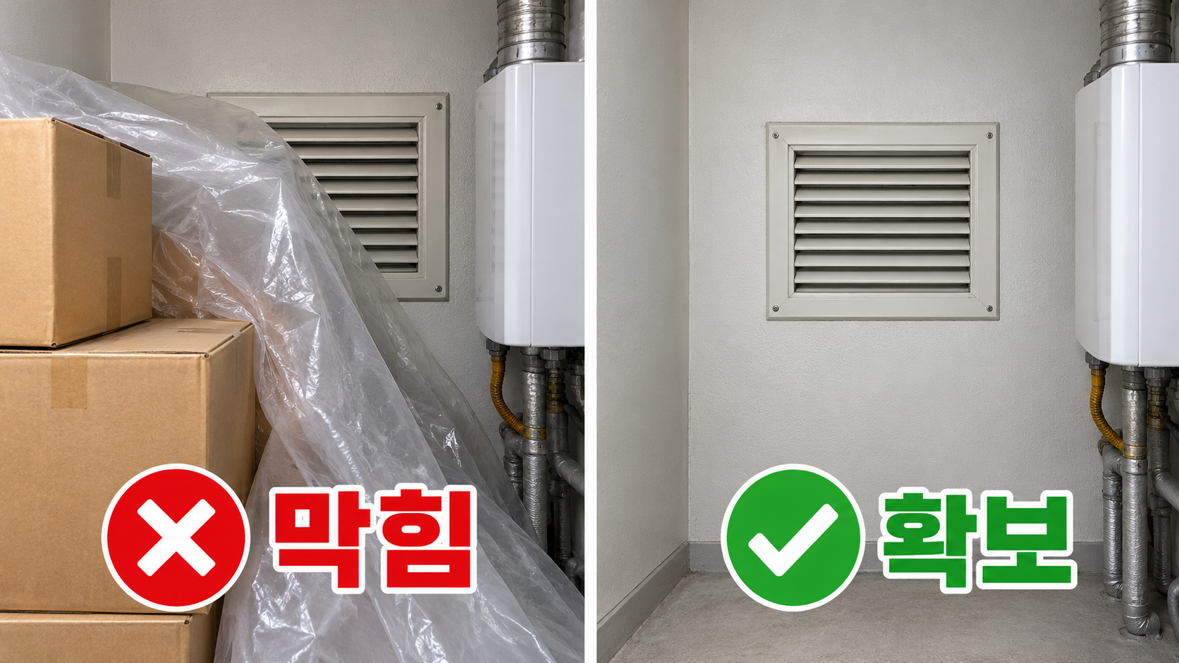 보일러실 환기구 막힘과 확보 상태 비교
